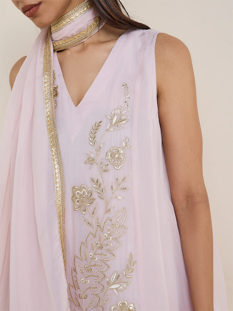 Vark Light Pink Floral Embroidered A-Line Ethnic Set