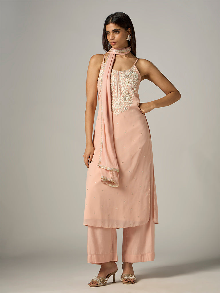 Vark Peach Floral Embroidered Straight Ethnic Set