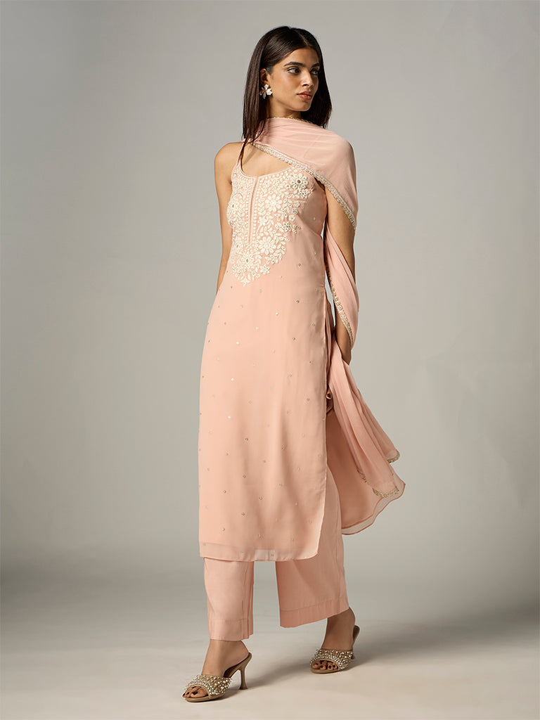 Vark Peach Floral Embroidered Straight Ethnic Set