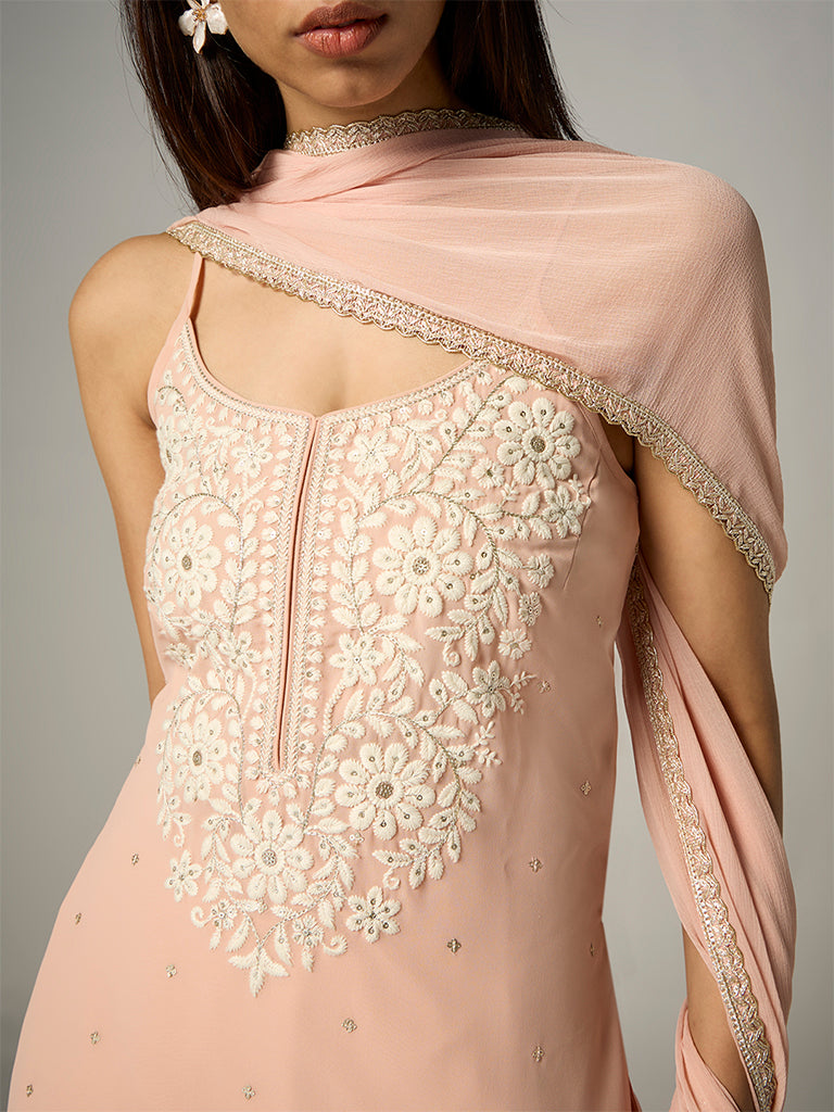 Vark Peach Floral Embroidered Straight Ethnic Set