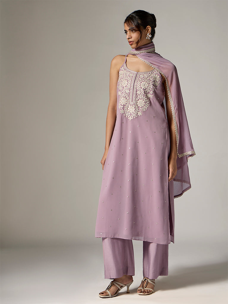 Vark Purple Floral Embroidered A-Line Ethnic Set