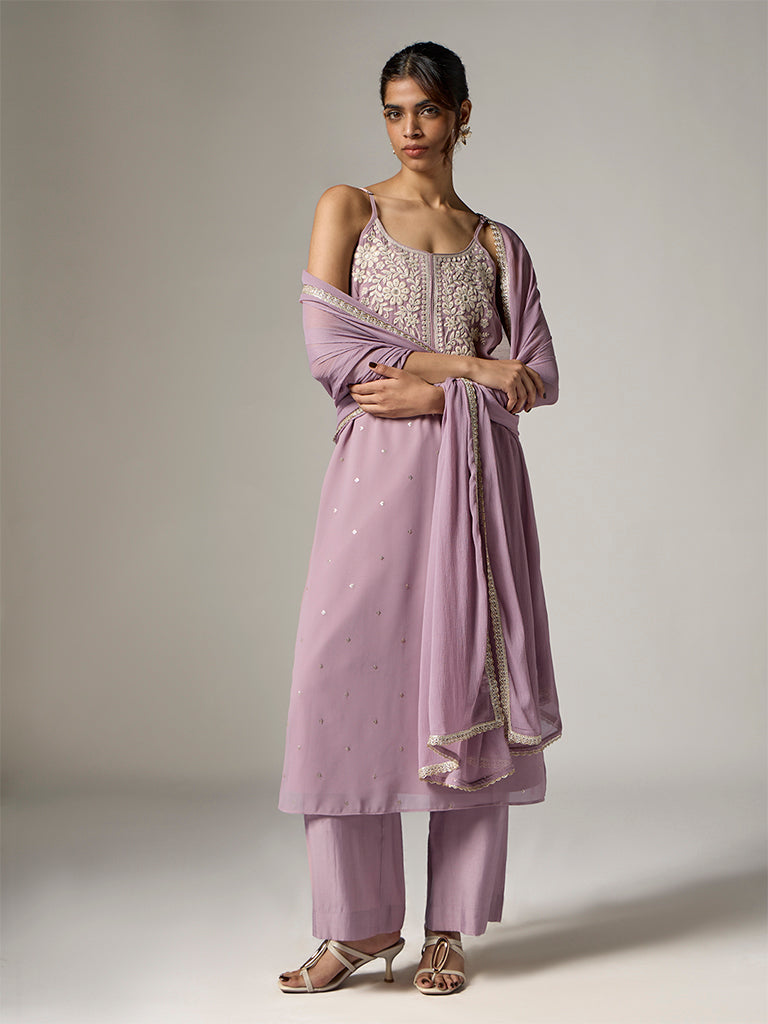 Vark Purple Floral Embroidered A-Line Ethnic Set