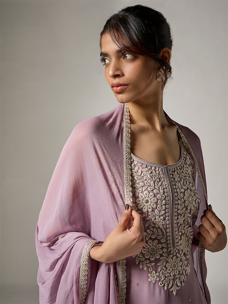 Vark Purple Floral Embroidered A-Line Ethnic Set