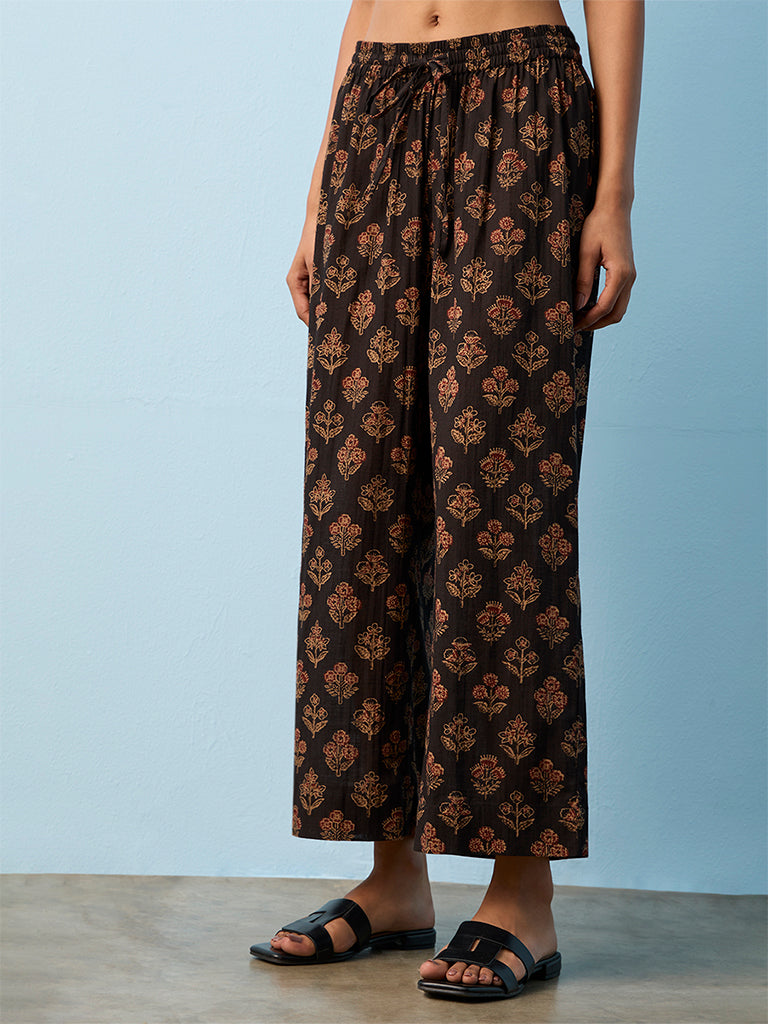 Utsa Brown Floral Printed Cotton Pants