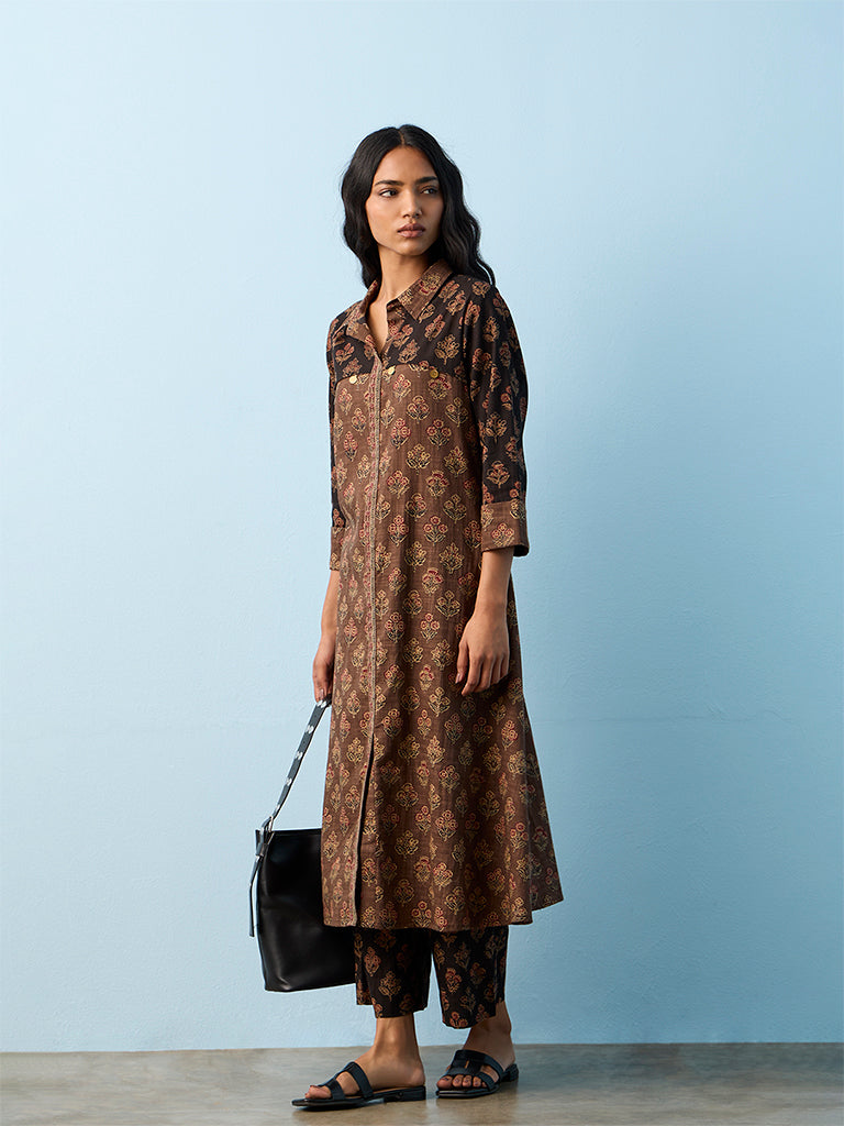 Utsa Brown Floral Printed Cotton Pants
