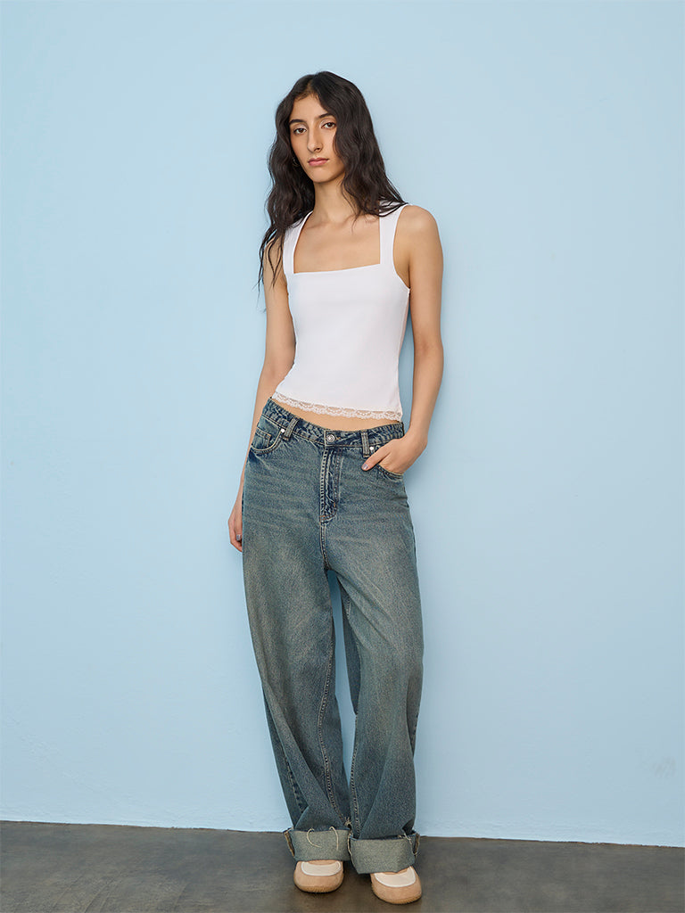 Nuon White Solid Cotton-Blend Tank Top