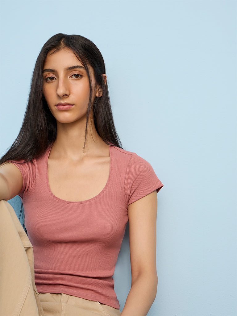 Nuon Dusty Pink Ribbed Cotton-Blend T-Shirt