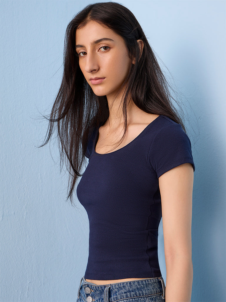 Nuon Navy Ribbed Cotton-Blend T-Shirt