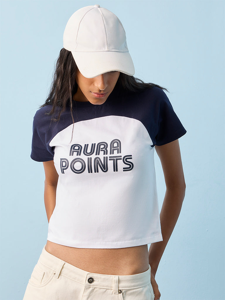 Nuon White and Navy Typographic Cotton T-Shirt