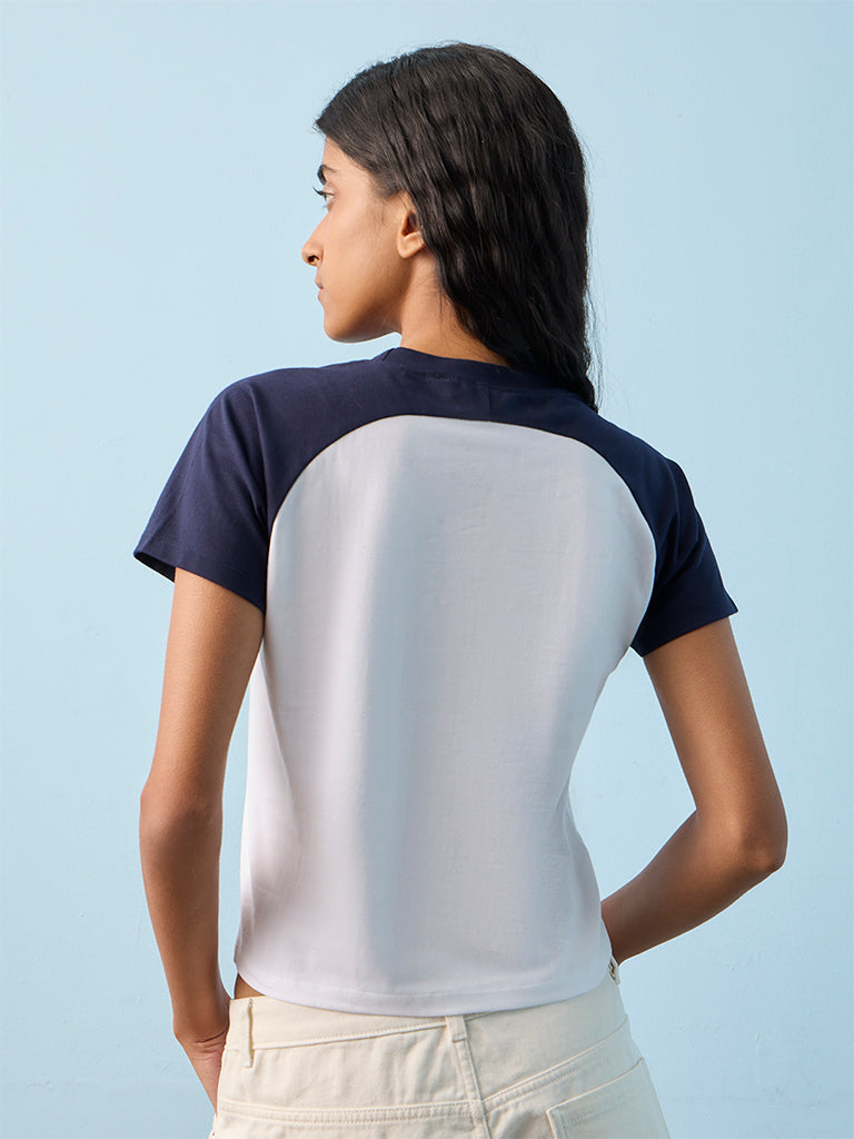 Nuon White and Navy Typographic Cotton T-Shirt