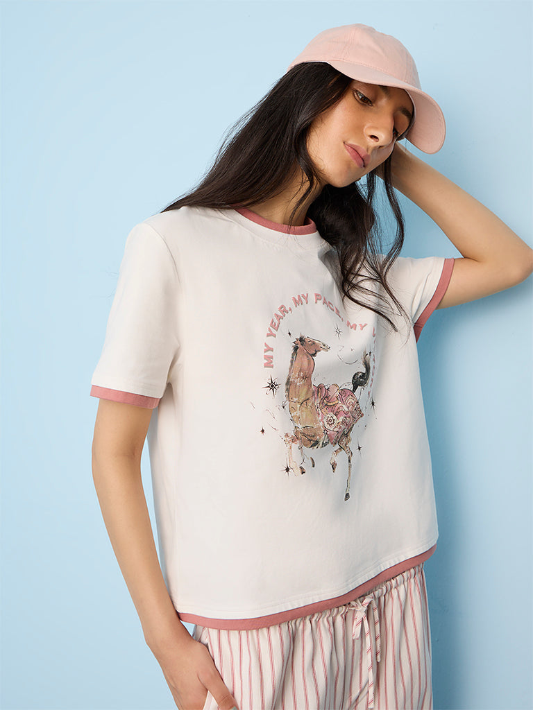 Nuon Off-White Graphic Printed Cotton T-Shirt