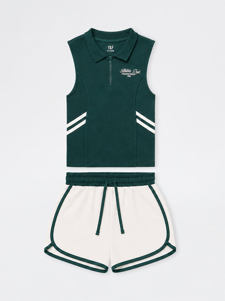 Girls Green Ribbed T-Shirt and Shorts Set