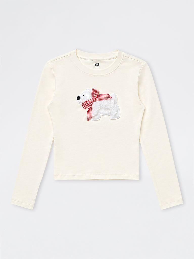 Girls Off-White Puppy Applique Cotton-Blend T-Shirt