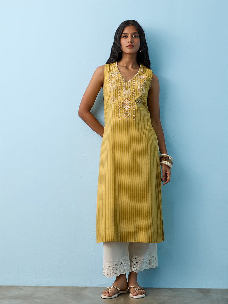 Utsa Yellow Embroidered Cotton A-Line Kurta