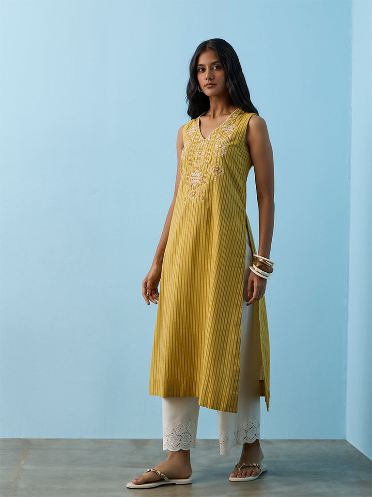Utsa Yellow Embroidered Cotton A-Line Kurta