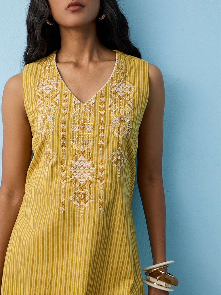 Utsa Yellow Embroidered Cotton A-Line Kurta