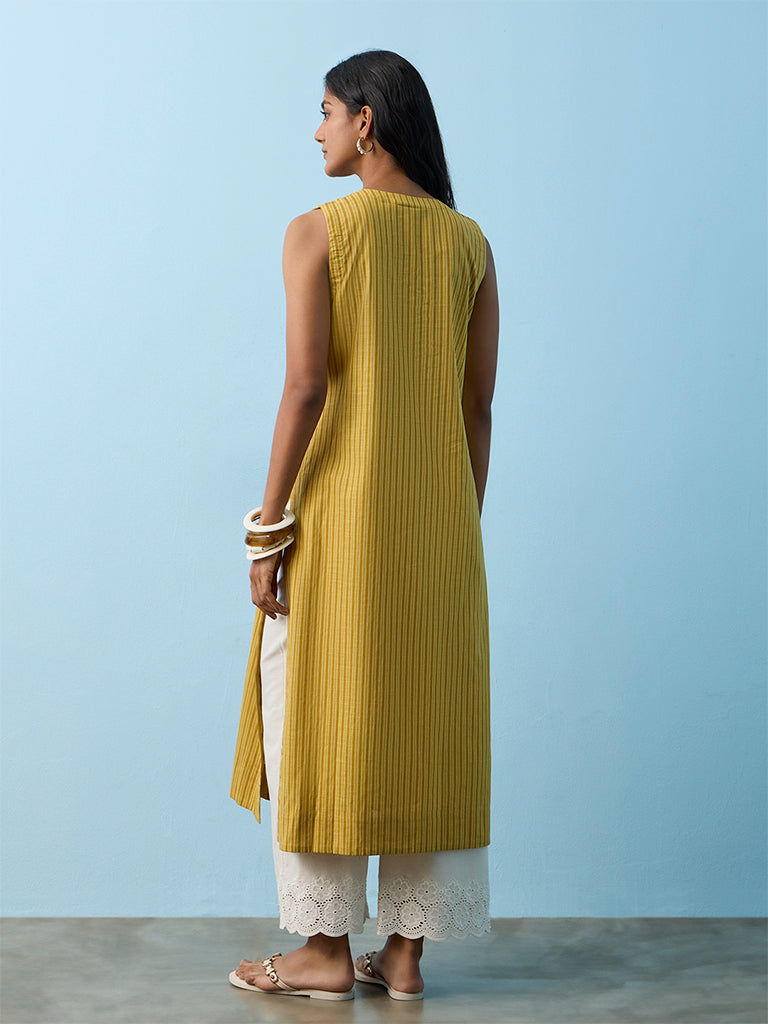 Utsa Yellow Embroidered Cotton A-Line Kurta