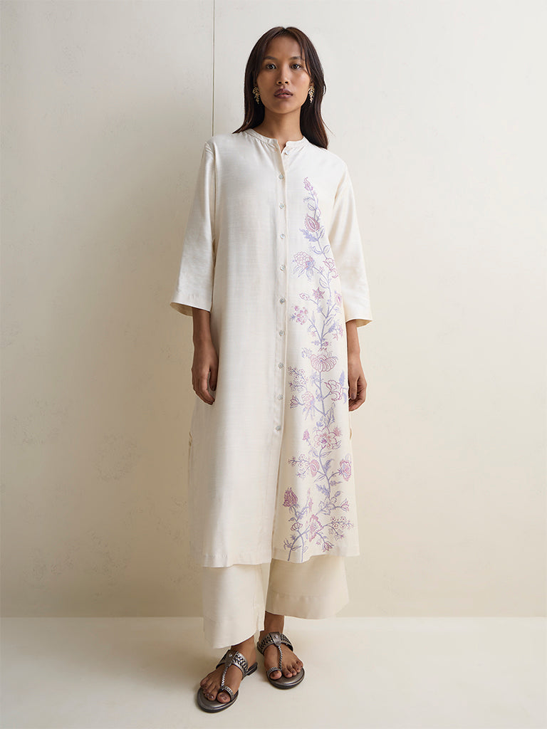 Zuba Light Beige Floral Pattern A-Line Kurta