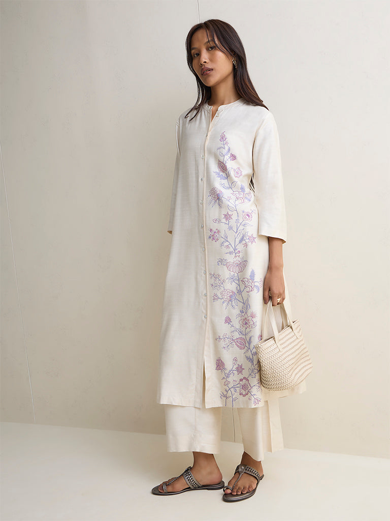 Zuba Light Beige Floral Pattern A-Line Kurta