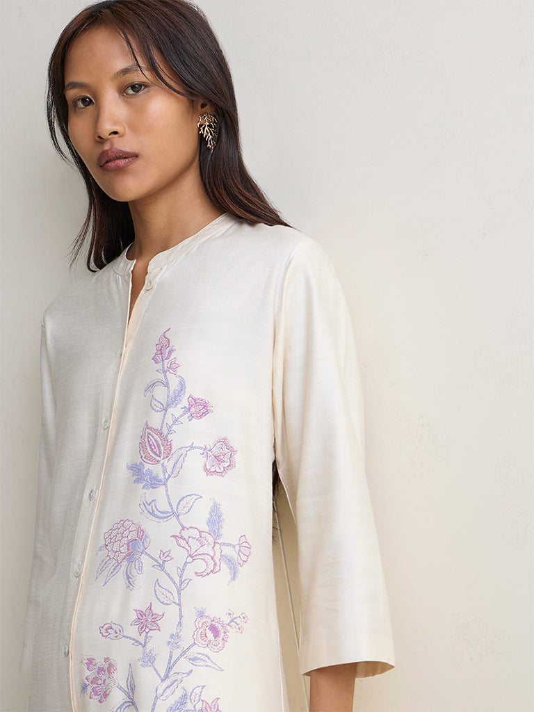 Zuba Light Beige Floral Pattern A-Line Kurta
