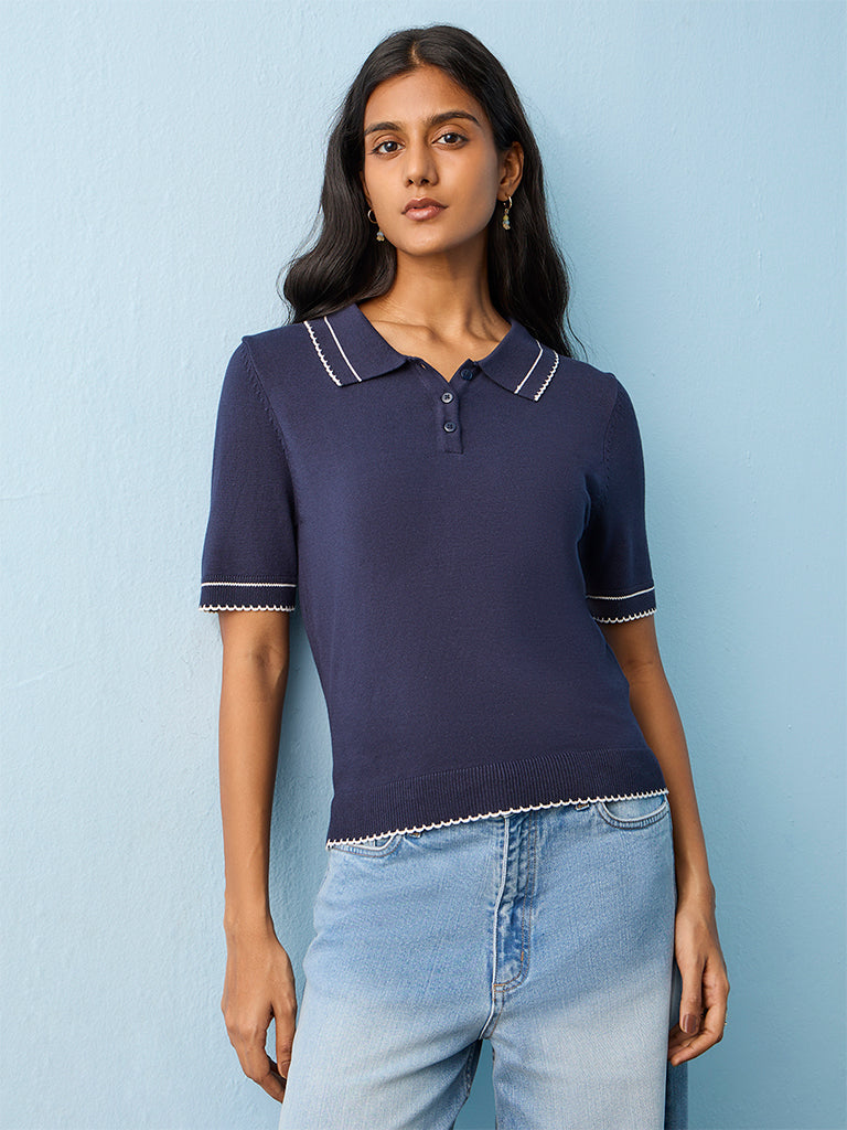 LOV Navy Contrast Detailed T-Shirt