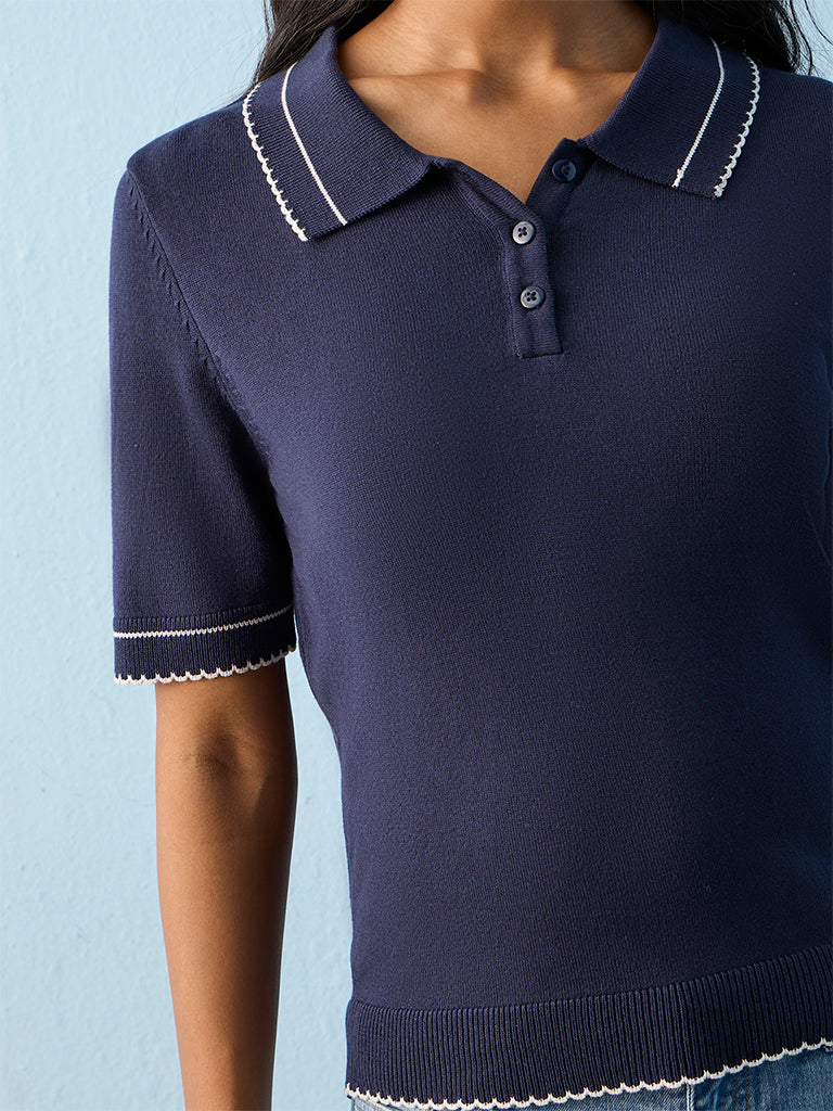 LOV Navy Contrast Detailed T-Shirt