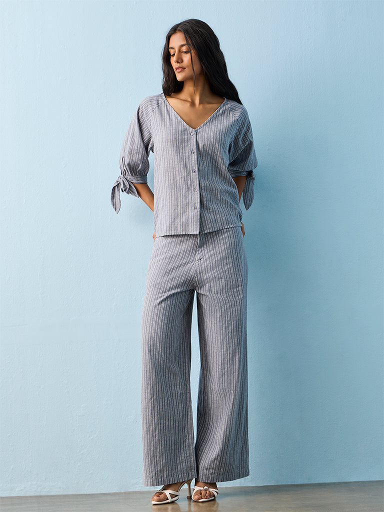 LOV Light Blue Striped High-Rise Cotton Pants