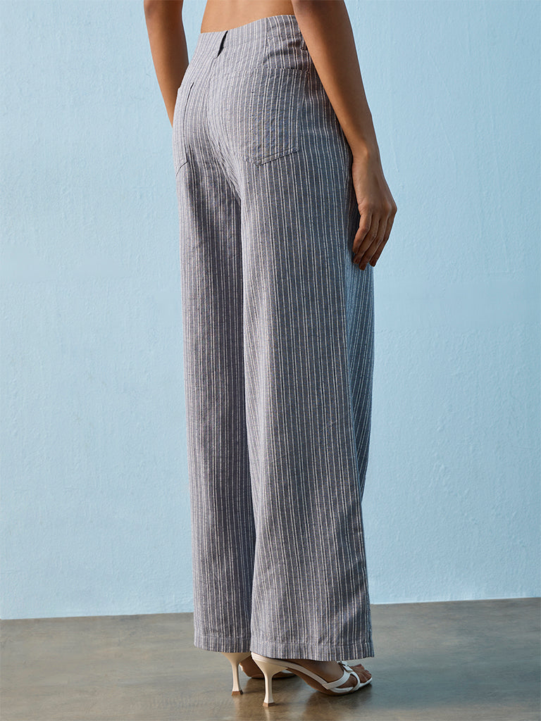 LOV Light Blue Striped High-Rise Cotton Pants