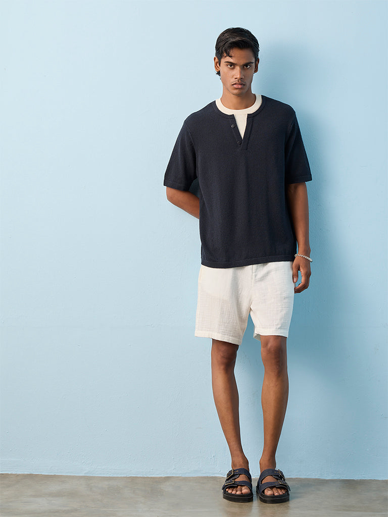 ETA Navy Textured Relaxed-Fit Cotton T-Shirt