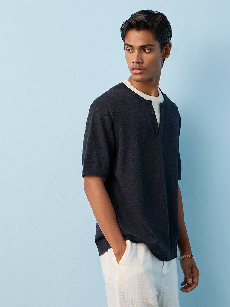 ETA Navy Textured Relaxed-Fit Cotton T-Shirt