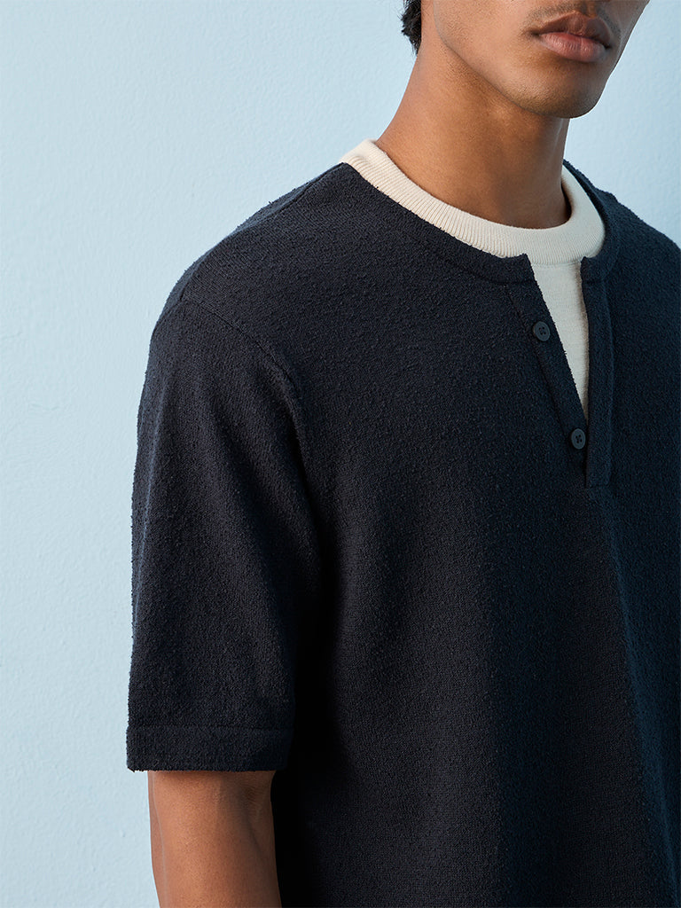 ETA Navy Textured Relaxed-Fit Cotton T-Shirt