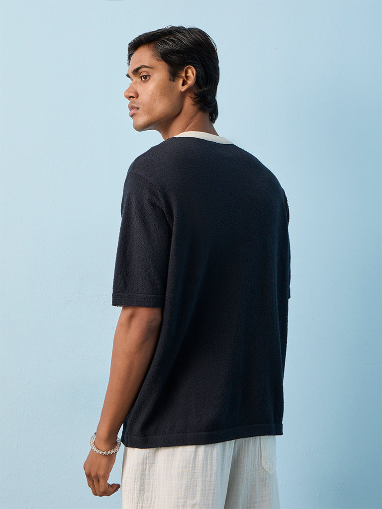 ETA Navy Textured Relaxed-Fit Cotton T-Shirt