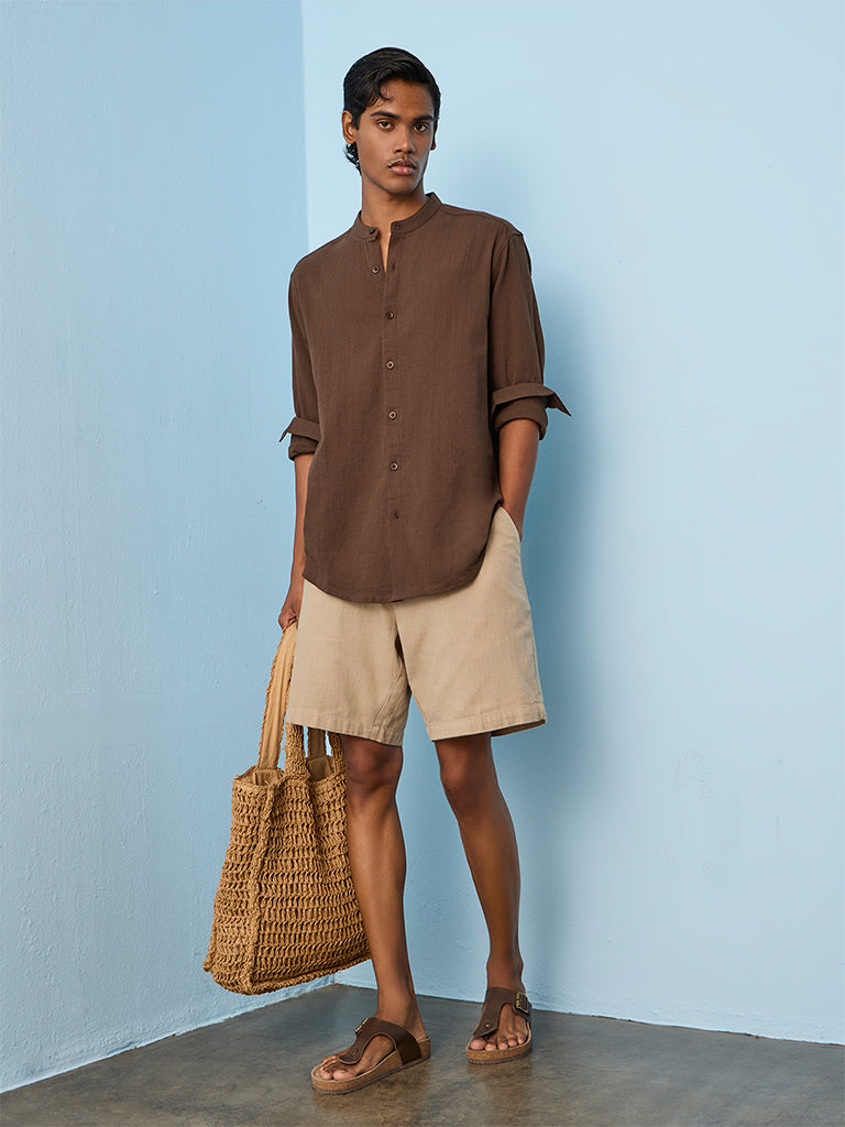 ETA Brown Textured Relaxed-Fit Cotton Shirt