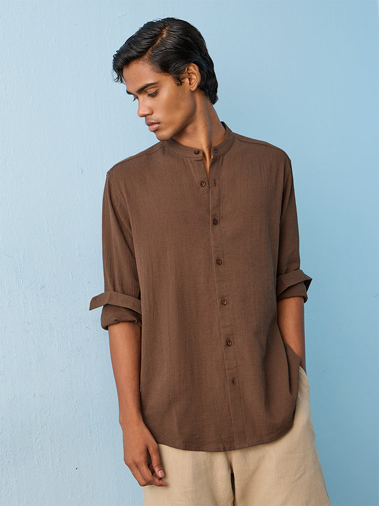 ETA Brown Textured Relaxed-Fit Cotton Shirt