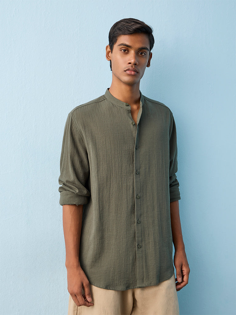 ETA Green Crinkle Textured Relaxed-Fit Cotton Shirt