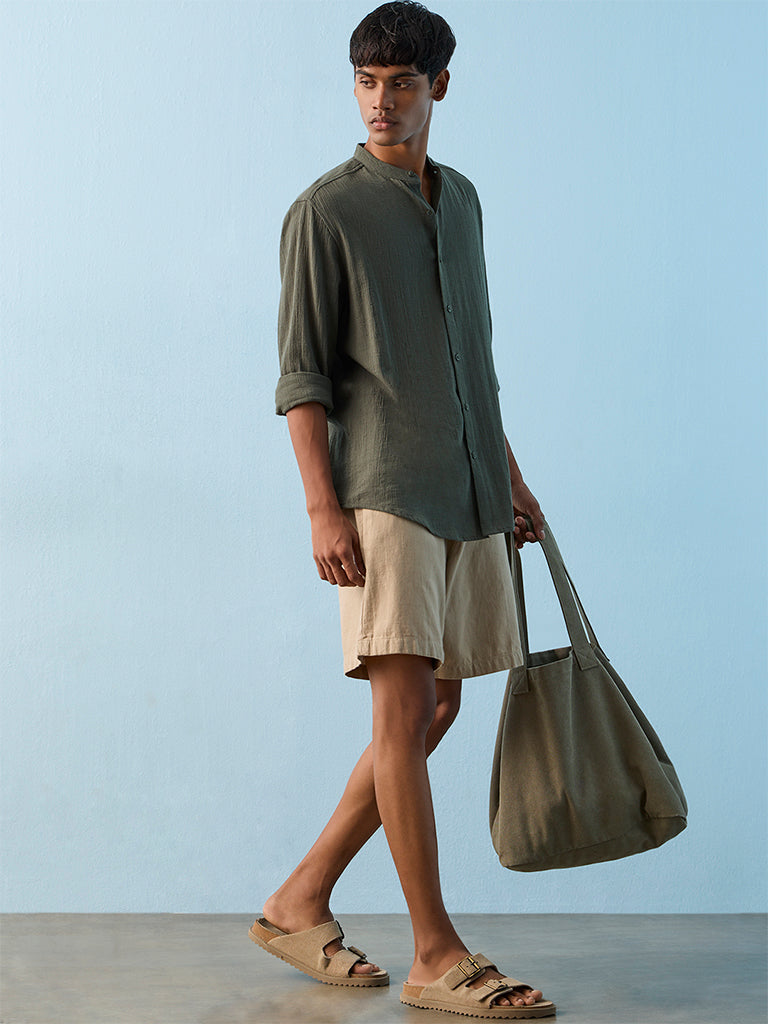 ETA Green Crinkle Textured Relaxed-Fit Cotton Shirt