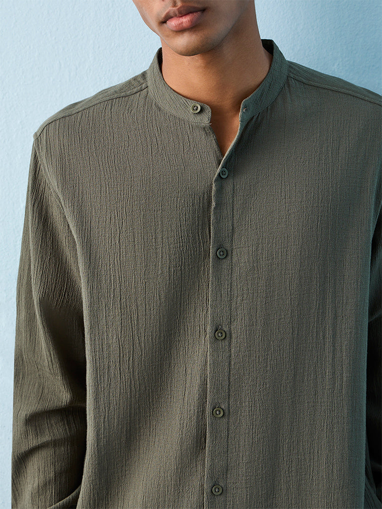 ETA Green Crinkle Textured Relaxed-Fit Cotton Shirt