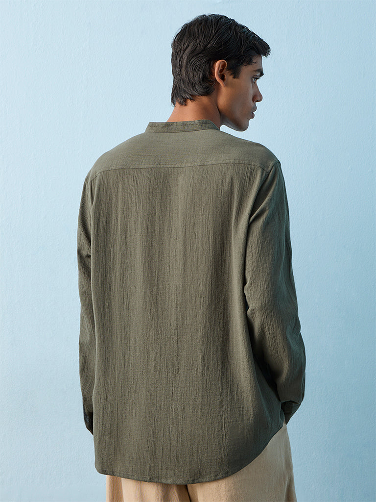 ETA Green Crinkle Textured Relaxed-Fit Cotton Shirt