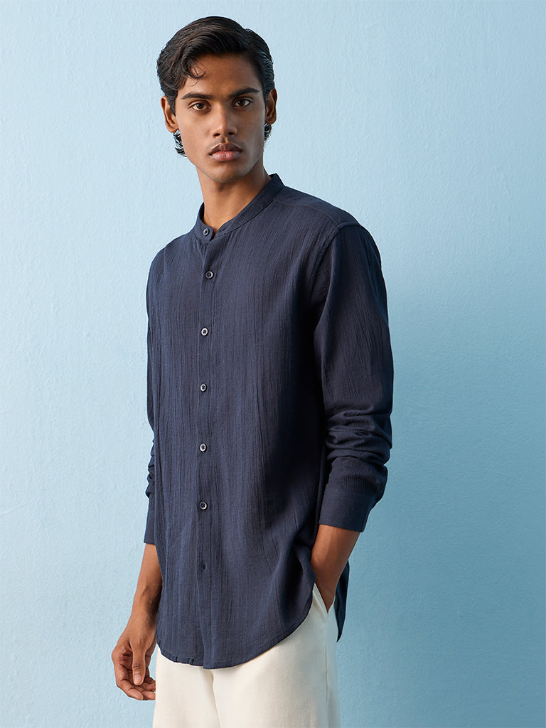 ETA Navy Textured Relaxed-Fit Cotton Shirt