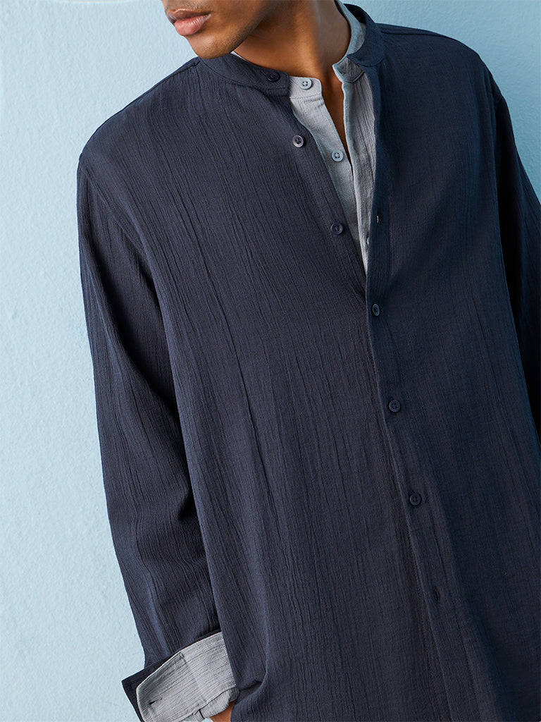 ETA Navy Textured Relaxed-Fit Cotton Shirt