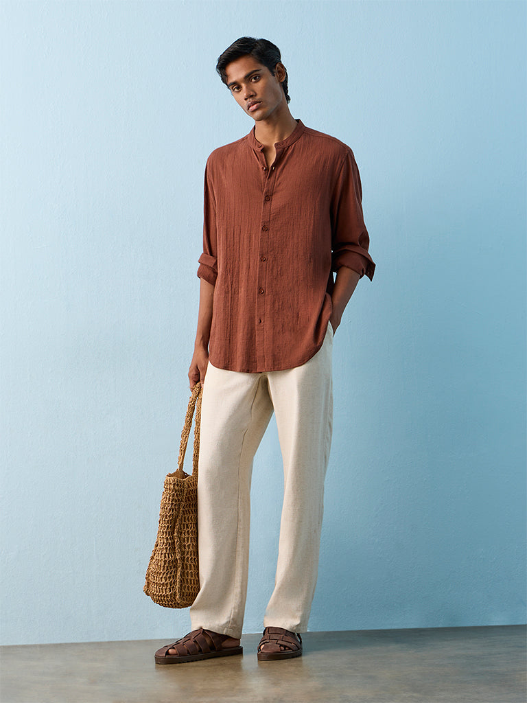 ETA Rust Textured Relaxed-Fit Cotton Shirt