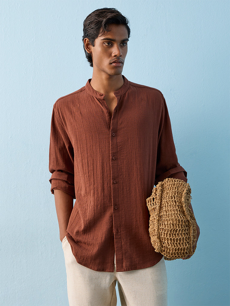 ETA Rust Textured Relaxed-Fit Cotton Shirt