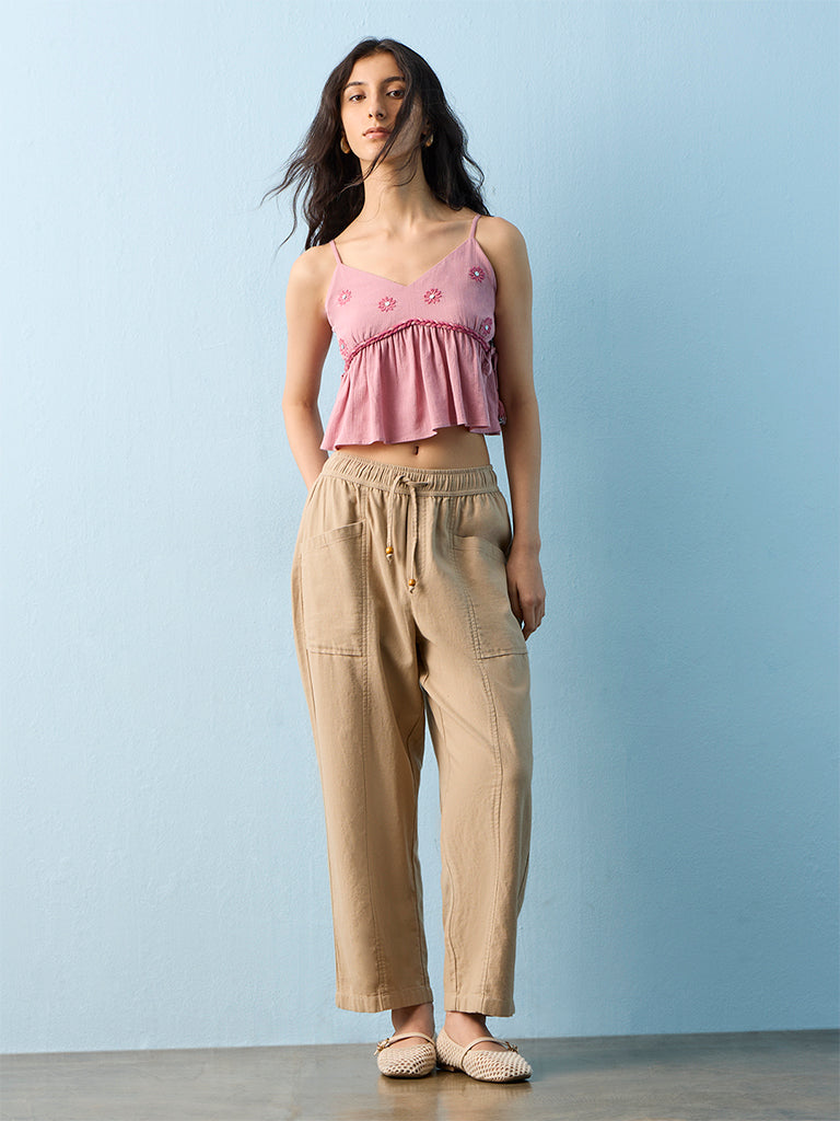 Bombay Paisley Beige High-Rise Cotton-Blend Pants