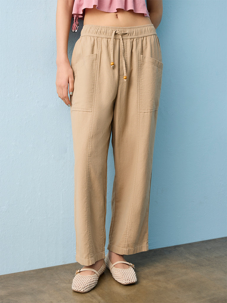 Bombay Paisley Beige High-Rise Cotton-Blend Pants
