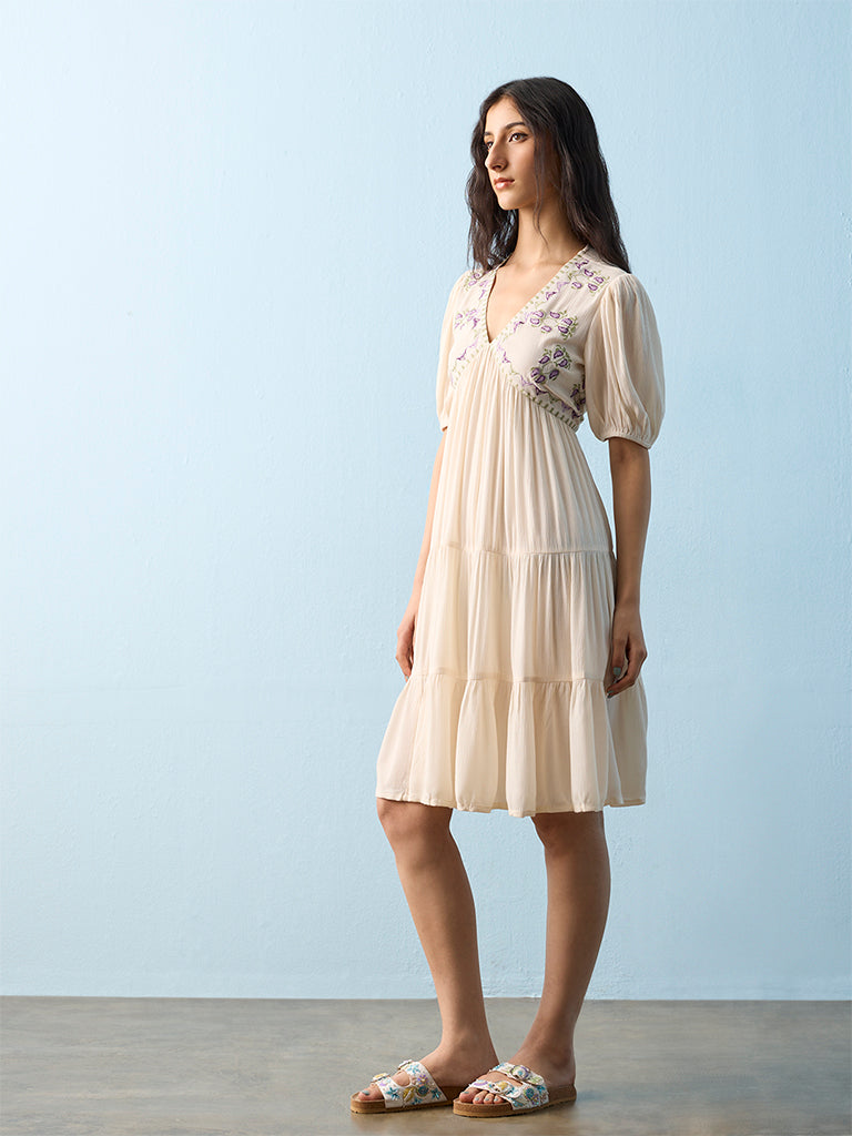 Bombay Paisley Off-White Floral Embroidered Tiered Dress