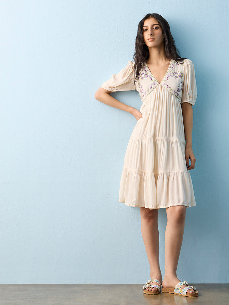 Bombay Paisley Off-White Floral Embroidered Tiered Dress