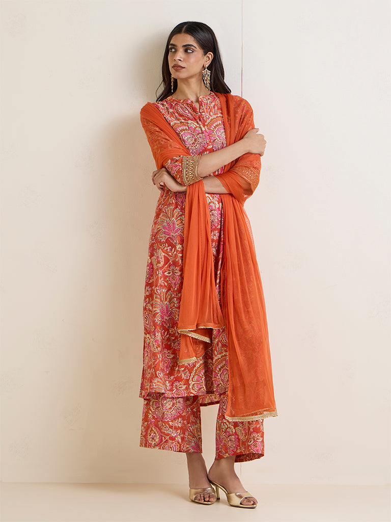 Vark Orange Floral Printed A-Line Ethnic Set