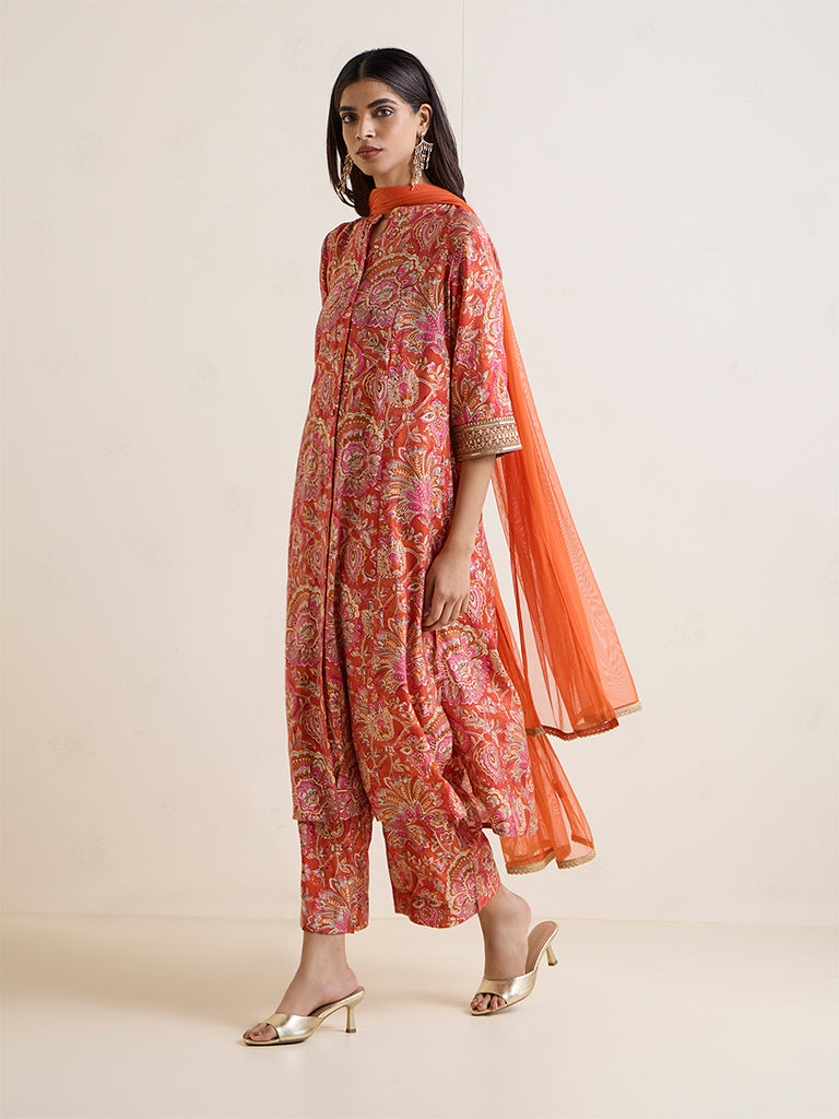 Vark Orange Floral Printed A-Line Ethnic Set