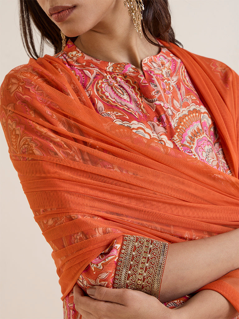 Vark Orange Floral Printed A-Line Ethnic Set