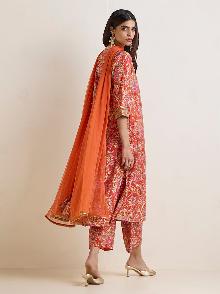 Vark Orange Floral Printed A-Line Ethnic Set